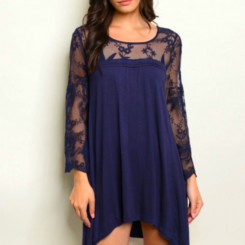 Sheer Floral Embroidered Navy Shark Bite Hem Dress